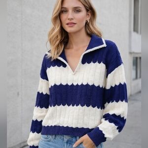 LUMIÈRE Navy & Cream Striped Pointelle Knit Collared V-Neck Sweater NWT